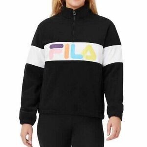 FILA Black Colorful Logo Panel Quarter Zip Pullover Fleece Sweater Large